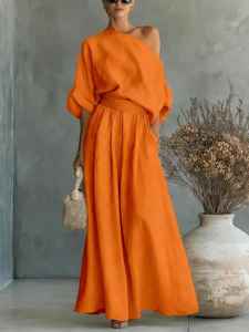 Womens Minimalist One Shoulder <b>Linen</b> CoOrd <b>Set</b> Relaxed Top & Harem Pants - Product Image 5