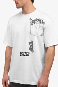 ONETEN APPAREL T-shirt blanc à manches courtes pour homme, col rond, imprimé chats de dessin animé mignons, avec poche - Product Image 3