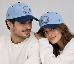 Custom <b>Wedding</b> Five Panel Cap Light Blue Crown Navy Visor Embroidered Couple Initials Rings Date Premium Cotton Twill Headwear - Product Image 1