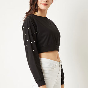 Women's Black <b>Cropped</b> Long Sleeve T-Shirt With Rhinestone Decoration O-Neck Knitted Casual <b>Top</b> - Product Image 4