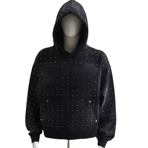 Sweat à capuche unisexe personnalisé style streetwear décontracté pour homme et femme, en coton tricoté lavé avec motif diamant en strass - Product Image 2