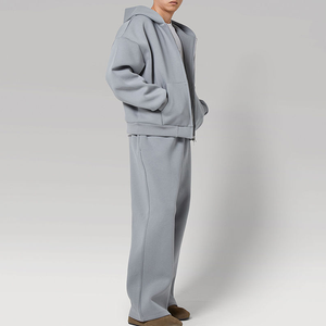 Conjunto de chándal informal de algodón 100% de alto gramaje (400+ GSM) para hombre, con sudadera con capucha gris con cremallera y pantalones holgados, estilo casual. - Product Image 2