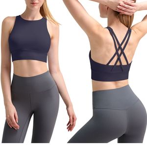 Women High Neck Strappy Cross <b>Back</b> Sports Bra <b>Padded</b> Medium High Impact Running Bra OEM Custom Plus Size Activewear - Product Image 1