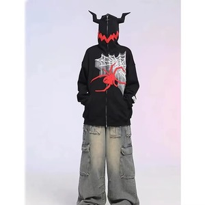 Sudadera con capucha y cremallera con estampado de araña negra y cuernos de diablo para Halloween y estilo urbano - Product Image 6