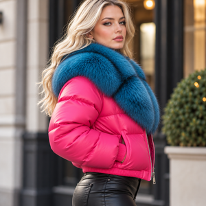 Chaqueta de plumón para mujer de cuero genuino a cuadros con cremallera y cuello de piel de zorro azul, fina, 85% plumón, cortavientos, estilo urbano, ropa de abrigo de invierno - Product Image 3