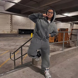<b>Men</b>’s Acid Wash Tracksuit Oversized Zip Up Jacket Jogger Pants Vintage Streetwear Fashion Heavyweight Cotton Two Piece <b>Set</b> - Product Image 3