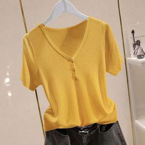 Camiseta de punto para mujer, cuello en V, manga corta, transpirable, con decoración plisada, color sólido, corte holgado, estilo casual, para primavera y verano - Product Image 2