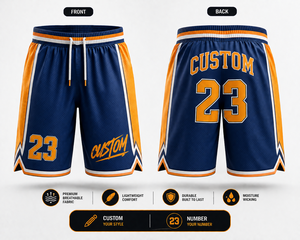 Pantalones Cortos de Baloncesto Personalizados para Hombre, Color Azul Marino y Naranja, Impresión por Sublimación, Malla Transpirable, Ropa Deportiva de Entrenamiento, Número 23, Cintura con Cordón - Product Image 1