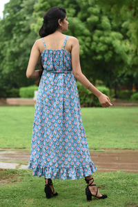 Robe Maxi en Coton Indien Imprimé Bloc à la Main Robe Respirante avec Technique Tie Dye Tissé à la Taille Naturelle - Product Image 2