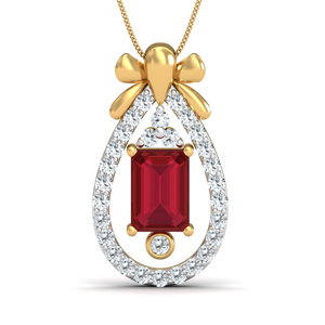 Luxury Women's Yellow Gold <b>Ruby</b> Pendant <b>Necklace</b> With Round Brilliant Cut Diamonds Bowknot Design Box Chain - Product Image 1