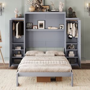 Queen Size Wooden Murphy <b>Bed</b> <b>with</b> 2 Wardrobe <b>Storage</b> Shelf Multifunctional Foldable <b>Platform</b> Bedframe - Product Image 2