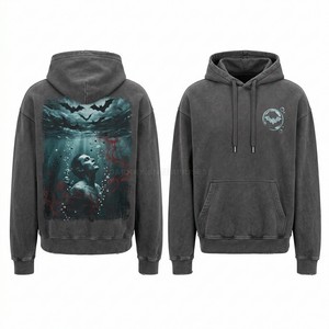 Sweat à capuche gris personnalisé, effet délavé vintage, avec imprimé graphique chauve-souris vampire sous-marine, épais, style streetwear, coupe oversize, direct usine - Product Image 1