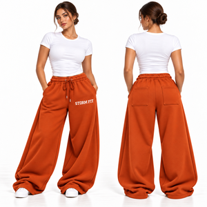 Women's Dark Purple Wide Leg Customized Fleece Pant Mid <b>Waist</b> <b>Elastic</b> Drawstring Regular Fit Full Length Streetwear <b>Trouser</b> - Product Image 3