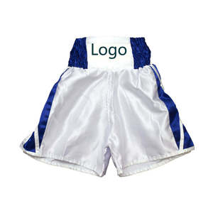 Pantalones Cortos de Boxeo de Satén Blanco y Azul para Hombre, Logotipo Personalizado, Corte Holgado, Poliéster, Pantalones Cortos de Muay Thai y Kickboxing - Product Image 1