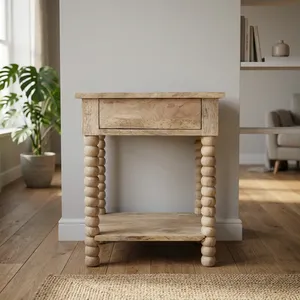Mesita de Noche Moderna de Madera de Mango con Cajón, Estante Abierto y Patas Torneadas para Almacenamiento y Exhibición en el Dormitorio - Product Image 6