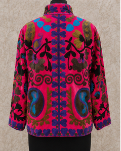 Blouson Bomber de Luxe en Velours Pur Rose à Motifs Floraux Folkloriques, Col Mandarin, Style Vintage Artisanat Multicolore Jaipuri Bohème Respirant pour Femme - Product Image 5