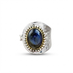 Natural Labradorite Oval Gemstone <b>Ring</b> 925 <b>Sterling</b> <b>Silver</b> <b>Adjustable</b> Two Tone Handmade Bohemian Statement Jewelry <b>Ring</b> - Product Image 1