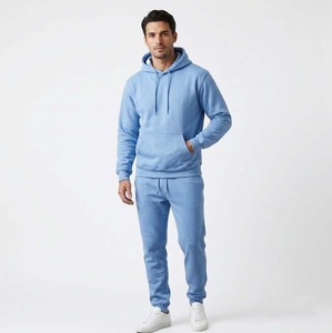 Men's Blue Hooded Solid Color 2-Piece Maternity 100% Cotton Four-Way Stretch Breathable Jogging Suit Outdoor Sweat Pant - Product Image 1