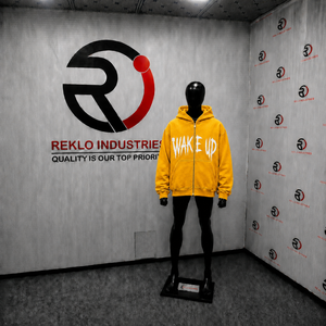 Sweat-shirt à capuche zippé oversize doré avec imprimé graphique Wake Up, streetwear décontracté pour homme, fermeture éclair intégrale, mode urbaine - Product Image 3