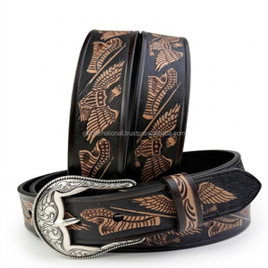 Customized Logo Top Quality Floral Engraved Men's Fashion Western Leather <b>Tooling</b> <b>Belt</b> with Designer Brass Pin Buckle - Product Image 1