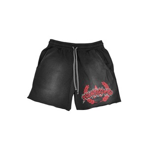 Pantalones cortos de algodón para hombre con efecto lavado ácido, bajo sin rematar, estampado serigrafiado, logo en relieve, estilo streetwear personalizado, ajuste holgado - Product Image 1