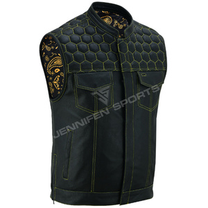 Gilet unisexe personnalisé en cuir pleine fleur véritable pour motard, coupe diamant, sans manches, avec poches intérieures et doublure bandana - Product Image 2