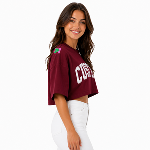 Camiseta Corta para Mujer, Color Granate, con Estampado de Letras Personalizado, Cuello Redondo, Manga Corta, Corte Holgado, Informal, Primavera-Verano, 100% Algodón Jersey - Product Image 3
