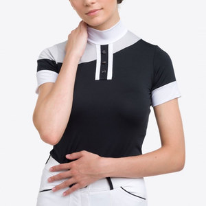 Camisa de equitación para mujer con bloques de color, manga corta, cuello alto, cierre de botones, top de punto transpirable - Product Image 4