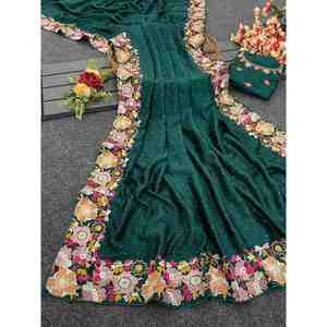 TRENDING VICHITRA SOIE MULTI BRODERIE DENTELLE DE TRAVAIL SAREE AVEC CHEMISIER NON COUDU VERT - Product Image 1