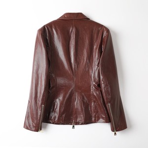 Veste safari en cuir véritable pour femme, col rabattu, manches longues, couleur unie, fermeture éclair, style utilitaire, vêtement d'automne - Product Image 3