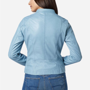 Chaqueta de Moto de Cuero PU Azul Claro para Mujer, Cuello Redondo, Cierre de Cremallera, Manga Larga, Corte Regular, Estilo Otoñal - Product Image 5