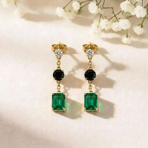 Elegant Emerald Rectangle Black Obsidian <b>Earrings</b> CZ Accent Gemstone Drop <b>Stud</b> Dangle Minimalist Fine Jewelry Gift For Women - Product Image 1