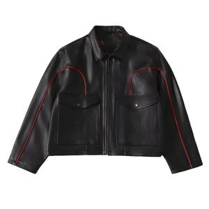 Veste en cuir véritable Letterman noire personnalisée pour hommes, fermeture éclair d'hiver de haute qualité, broderie de passepoil rouge, style décontracté, service OEM - Product Image 1