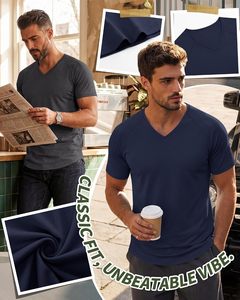 Camiseta Casual de Manga Corta con Cuello en V para Hombre, Ligera, Suave al Tacto, Material Transpirable, Corte Ajustado, Ropa de Verano para Uso Diario - Product Image 3