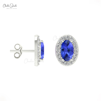 Prix d'usine Boucles d'oreilles clous ovales 5x3mm en tanzanite avec halo en or massif 14 carats et diamants, fermeture à bouton-poussoir, fournisseur en gros