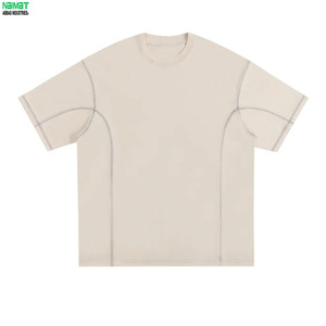 เสื้อยืดทรงบ็อกซี่ผ้าหนาเย็บตะเข็บตัดกันสำหรับผู้ชาย สไตล์ลำลอง ไหล่ตก แต่งแผงดีเทล สตรีทแวร์ ทรงหลวม เรียบง่าย - Product Image 3