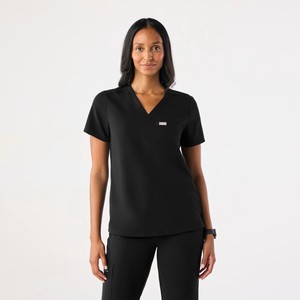 Ensemble de blouses médicales noires pour femmes, haut à col en V avec poche et pantalon à cordon de serrage, uniformes d'hôpital, coton et élasthanne tricotés - Product Image 5
