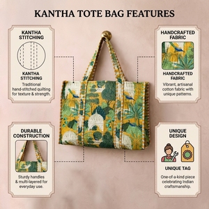 Handmade Kantha Quilted Cotton Tote Bag Eco-Friendly Tropical Leopard Print Large Shopping Shoulder Bag for Women Exporter - Product Image 6
