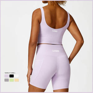 Ensemble de yoga 2 pièces respirant et écologique : Crop top sans coutures à col rond et bretelles spaghetti, couleur unie, taille haute - Product Image 6
