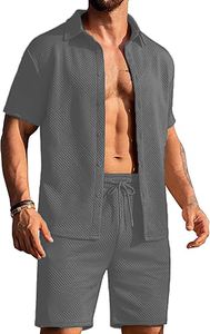 Ensemble deux pièces pour homme, chemise à manches courtes et short, style décontracté, en velours tricoté uni, pour les vacances, 100% coton - Product Image 5