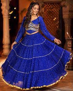 Conjunto de Lehenga Choli con lunares azules para mujer, ropa de boda, estilo tradicional indio pakistaní, largo hasta el suelo, poliéster elástico - Product Image 1