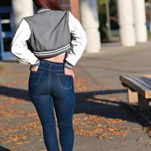 Womens Varsity Crop <b>Jacket</b> Grey <b>White</b> Letterman Style Bomber Coat Faux Leather Sleeves Casual Outerwear Ladies Fashion - Product Image 6