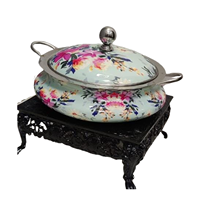 Plat à réchaud vintage en métal argenté avec support décoratif pour buffets