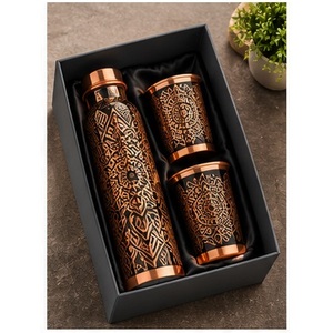 Designer Floral Leaf Pattern Copper Trim Thermos Set Portable Travel Drinkware <b>Metal</b> <b>Water</b> <b>Bottle</b> with Lids Green Design - Product Image 5