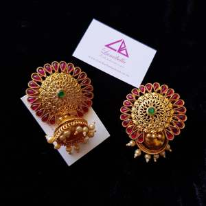 Traditional Gold Plated Pearl Drop Jhumka Earrings-Ethnic Geometric Charm - Product Image 1