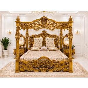 Lit à baldaquin en bois sculpté à la main style Maharaja, avec tables de chevet, pour chambre à coucher, mobilier antique doré pour la maison. - Product Image 1