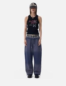 Double Waist Washed Baggy Sweatpants Loose Wide Leg <b>Plaid</b> Patchwork Casual Pants with Pockets - Product Image 2