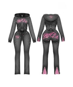 Ensemble assorti personnalisé 2026 : Sweat à capuche zippé orné de strass et pantalon évasé – Fabricant de vêtements sur mesure pour femmes - Product Image 6