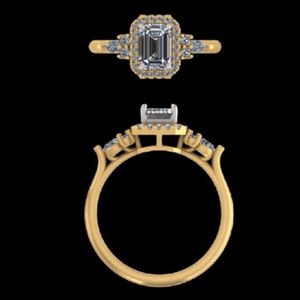 Stunning Emerald Cut Diamond Halo Engagement <b>Ring</b> with Cluster Side <b>Stones</b> <b>Two</b> Tone Gold Anniversary Wedding Band for Women - Product Image 2