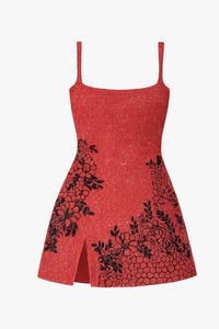 <b>Red</b> Floral Print <b>Glitter</b> Beaded Sexy Sleeveless Spaghetti Strap Embroidered Bodycon Mini Club Evening Party Dress - Product Image 5